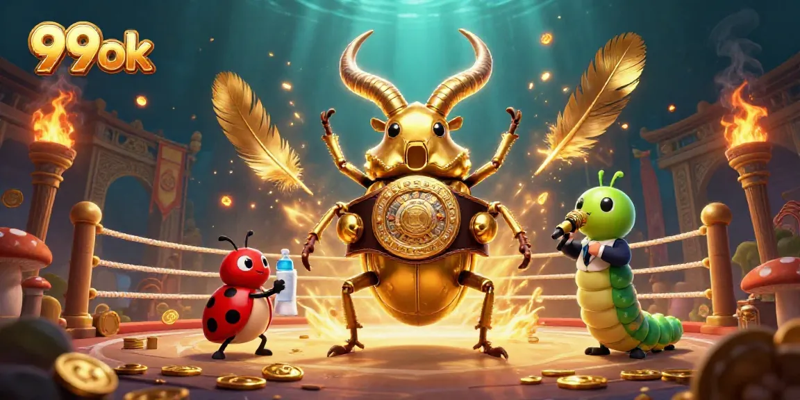 Engage in the thrilling world of 99ok with a vibrant golden stag beetle showdown in a dynamic casino atmosphere.