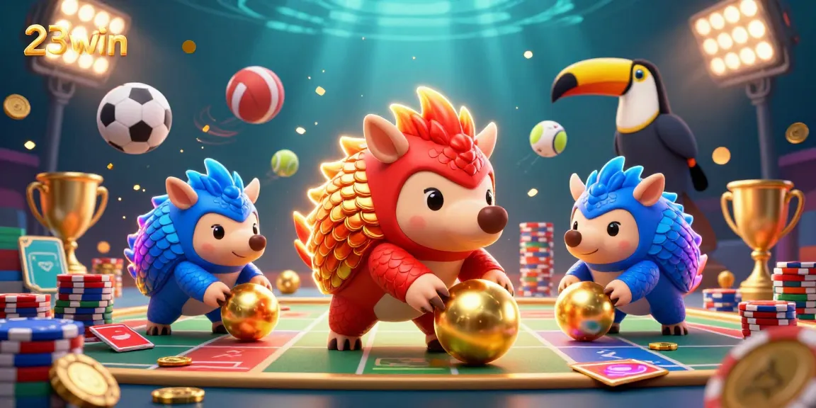 Engage with the captivating 23win casino scene featuring lively pangolins and colorful sports elements.