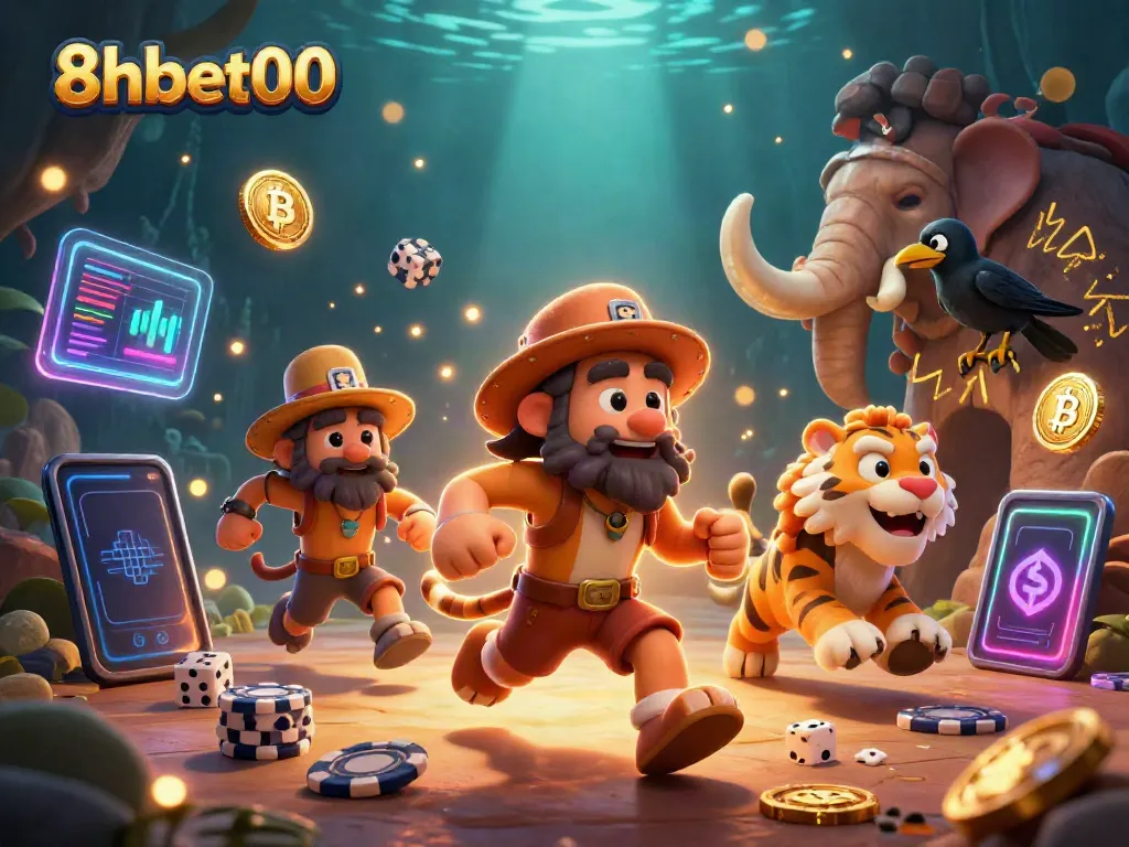 Engage in exciting gameplay at 8xbet00 with vivid slots, poker, and crypto themes in a dynamic casino scene.