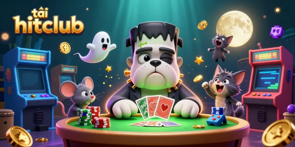 Engage in the thrill of tải hitclub while a Frankenstein bulldog deals cards amidst a haunted arcade atmosphere.