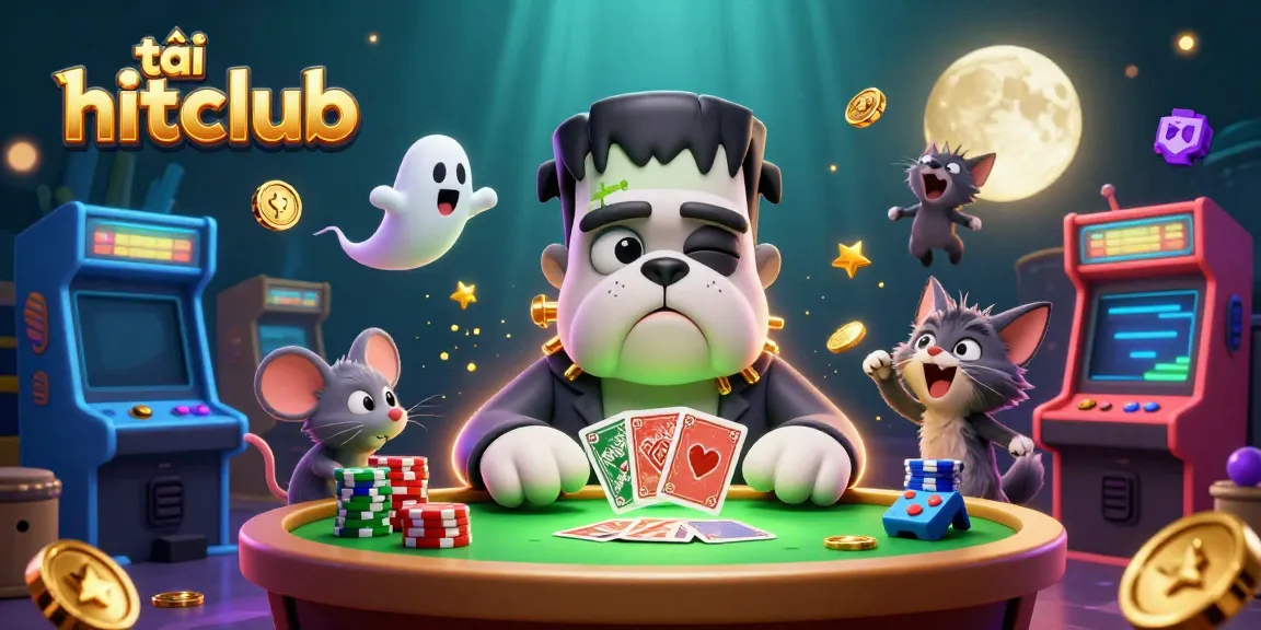 Engage in the thrill of tải hitclub while a Frankenstein bulldog deals cards amidst a haunted arcade atmosphere.