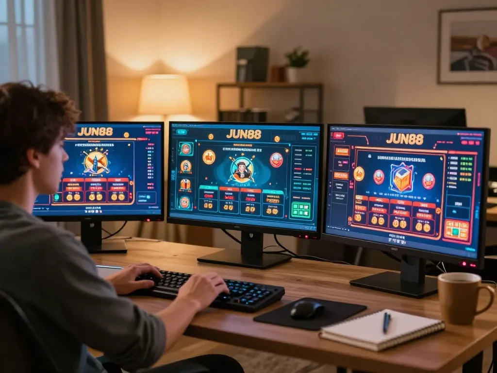 Player engaging in strategic online gambling on JUN88 with multiple screens showcasing games