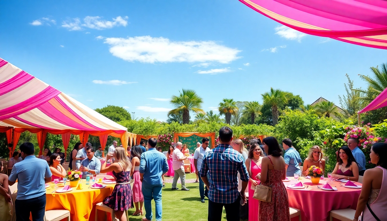Stylish Outdoor Party Rentals with colorful tents and joyful guests enjoying a festive atmosphere.