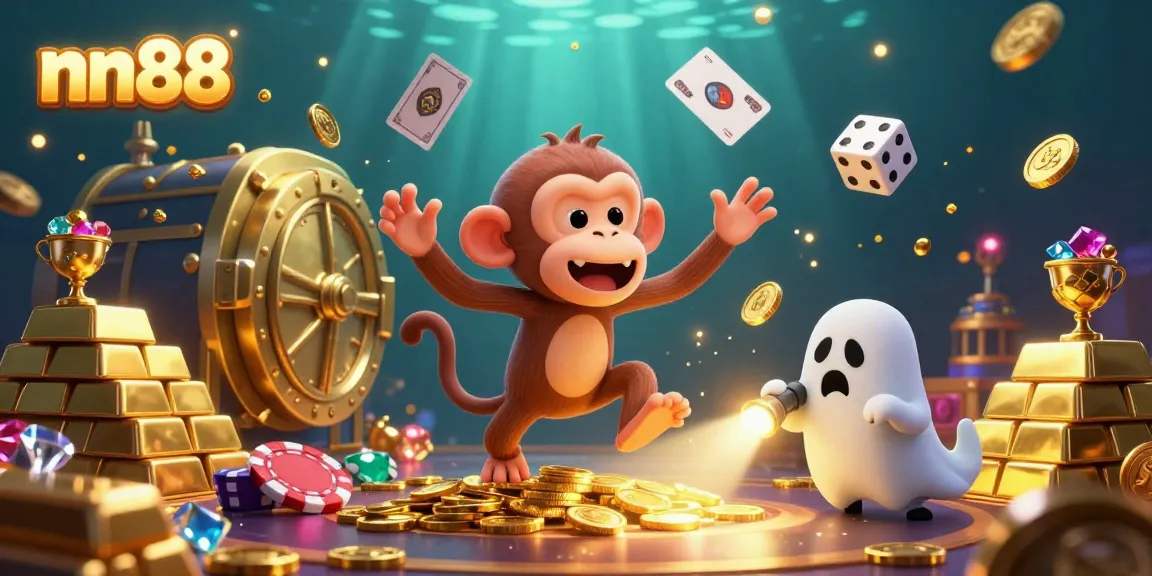 Engage with nn88 in a vibrant casino scene featuring a playful poltergeist monkey and a curious puppy.