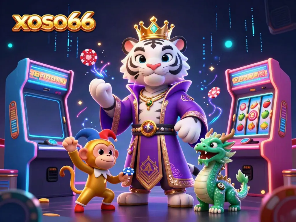 Join the xoso66 adventure with the white tiger, monkey, and jade dragon amidst vibrant slot games.