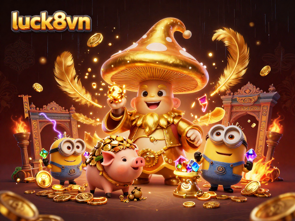 Experience rich gaming magic with luck8vn as a wizard unleashes treasure-filled fun in a vibrant casino scene.