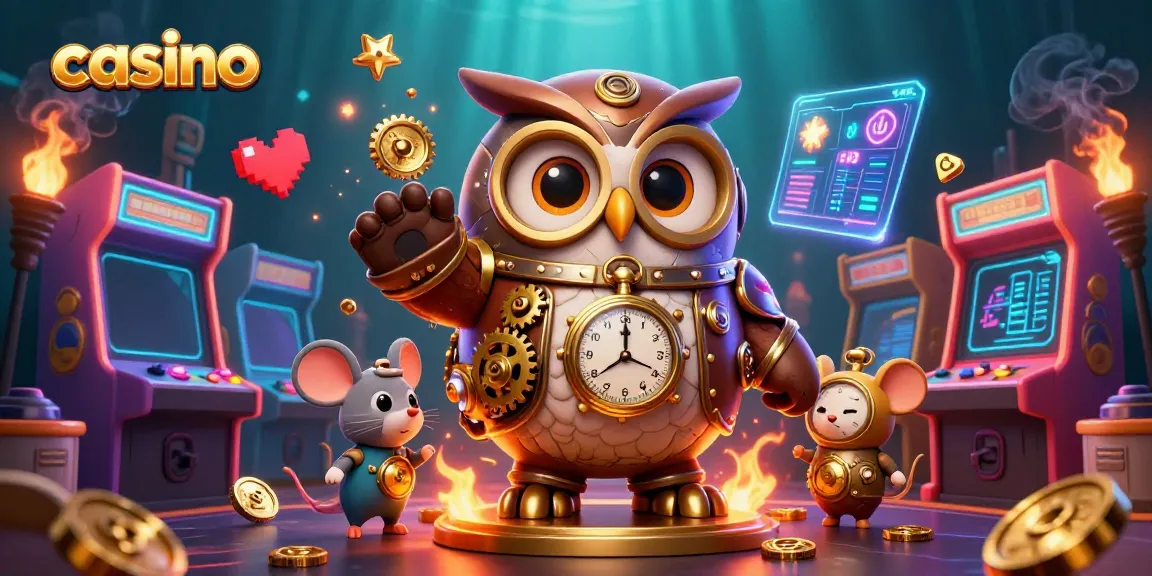 Immerse in a vibrant casino scene where a time-traveling owl and clockwork mouse explore vintage and futuristic gaming elements.