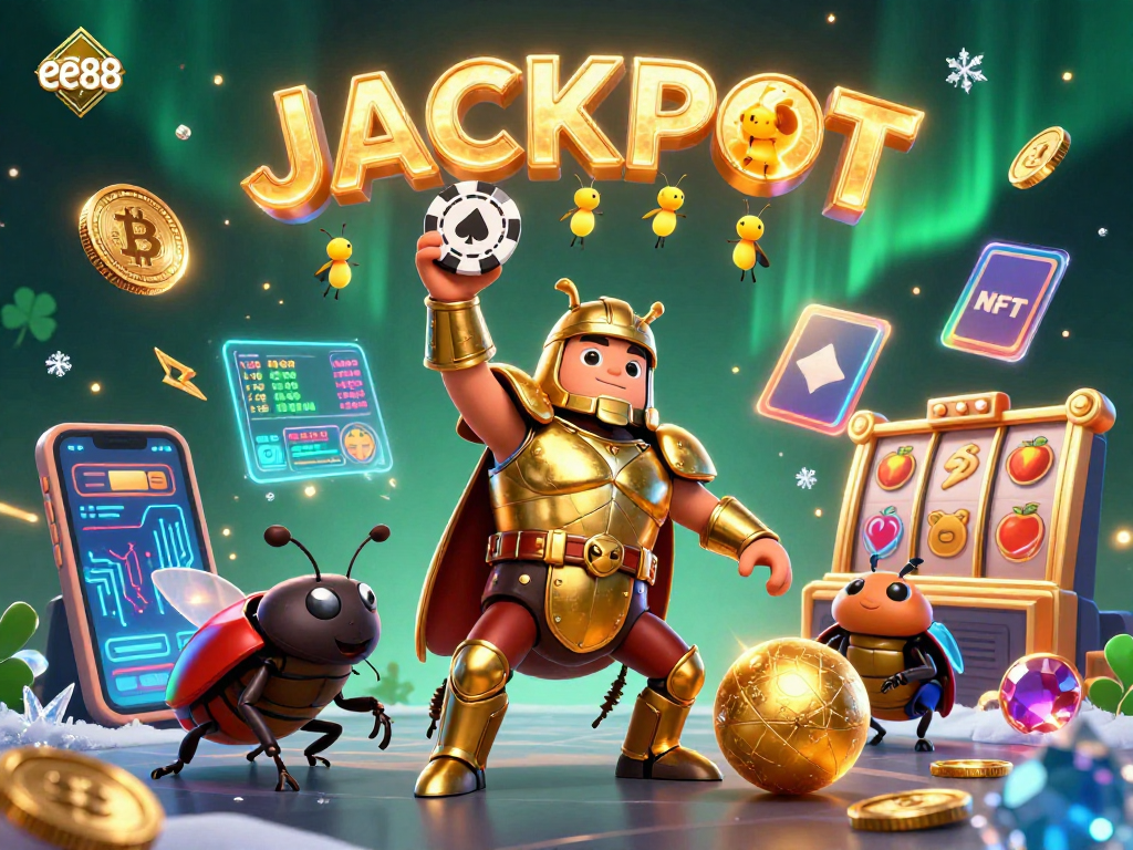 Celebrate jackpots with ee88 in a vibrant 3D casino scene filled with crypto symbols and rich detail.
