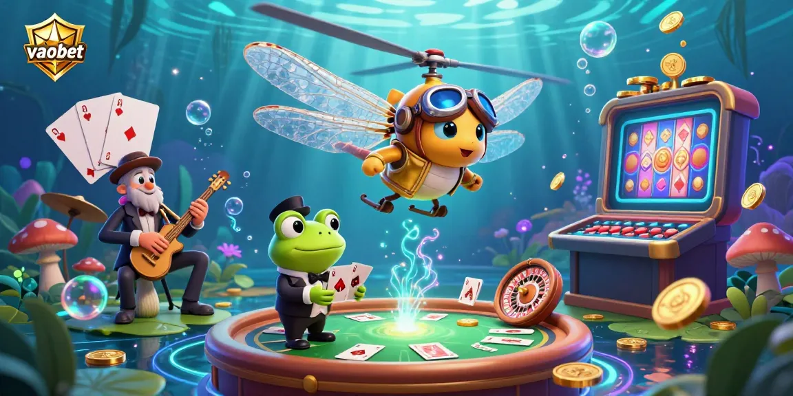 Engage with vaobet’s vibrant 3D casino scene featuring a dragonfly pilot and frog dealer.