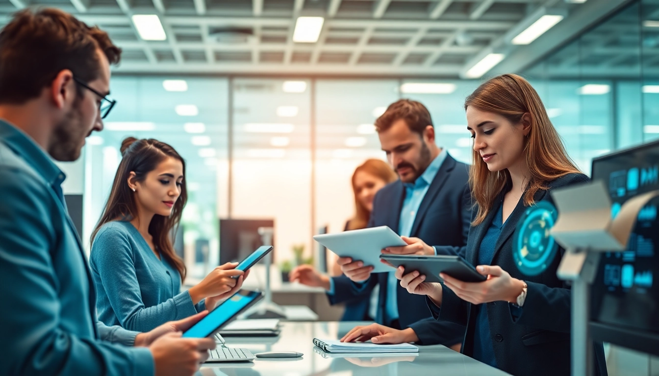 Illustration of a team utilizing AI claims processing technology in a modern office.