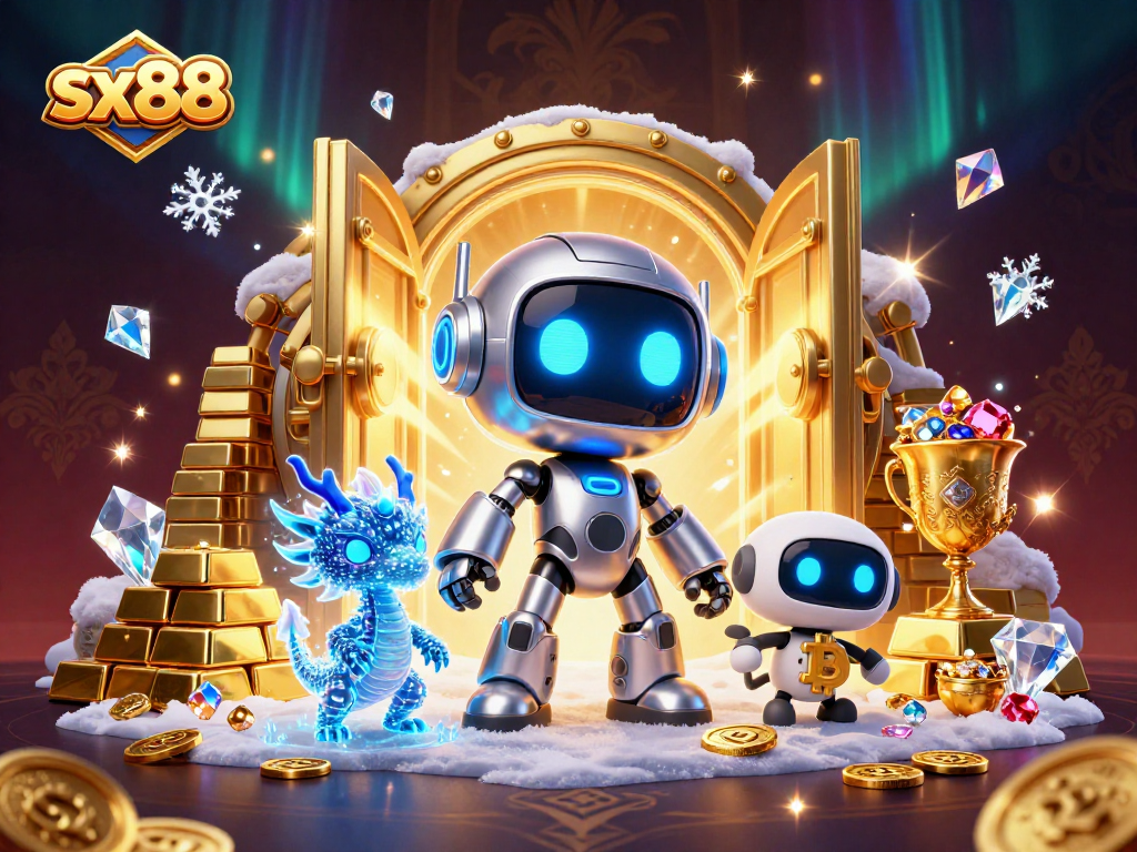 Join the fun at sx88 with a vibrant 3D scene featuring friendly robots and treasures.