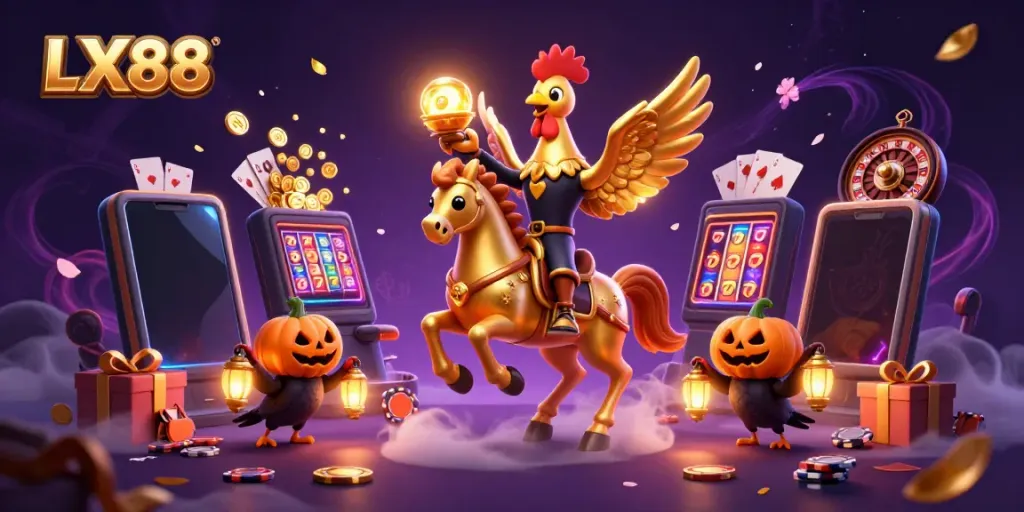 Experience the thrill of LX88 in a dynamic casino scene with golden rooster and mystical companions.