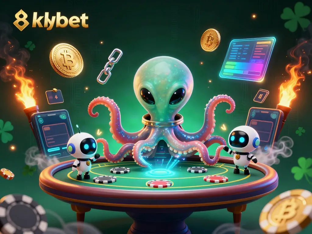 Engage in thrilling gameplay at 8xbet with a cosmic octopus and futuristic poker table.