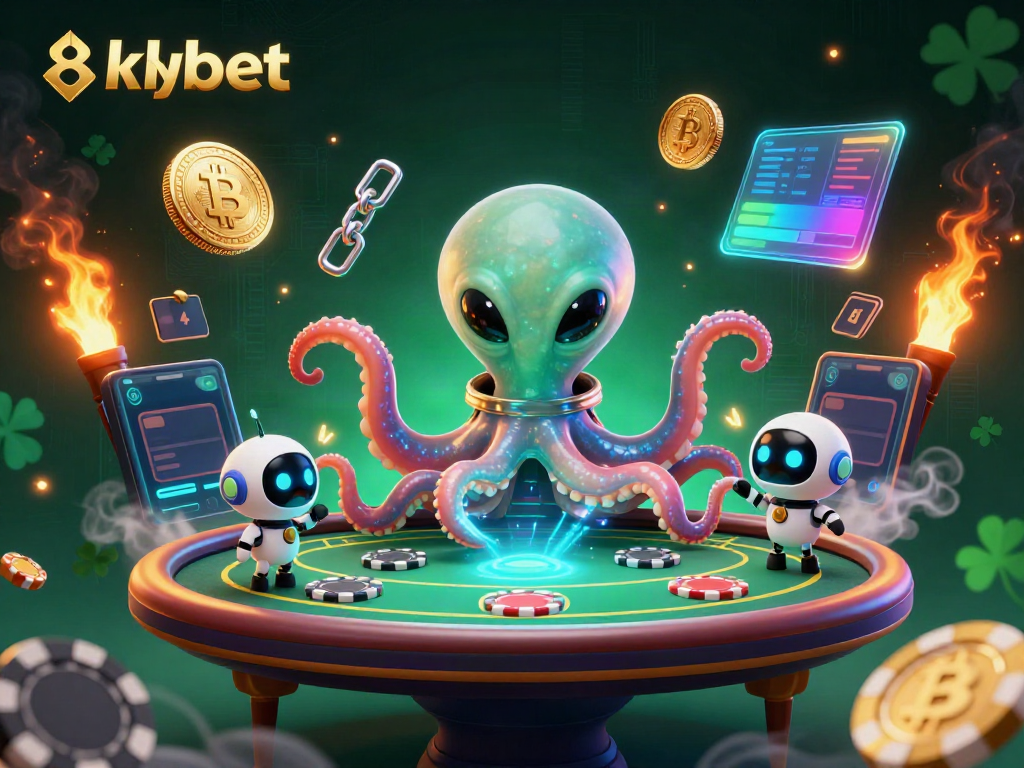 Engage in thrilling gameplay at 8xbet with a cosmic octopus and futuristic poker table.