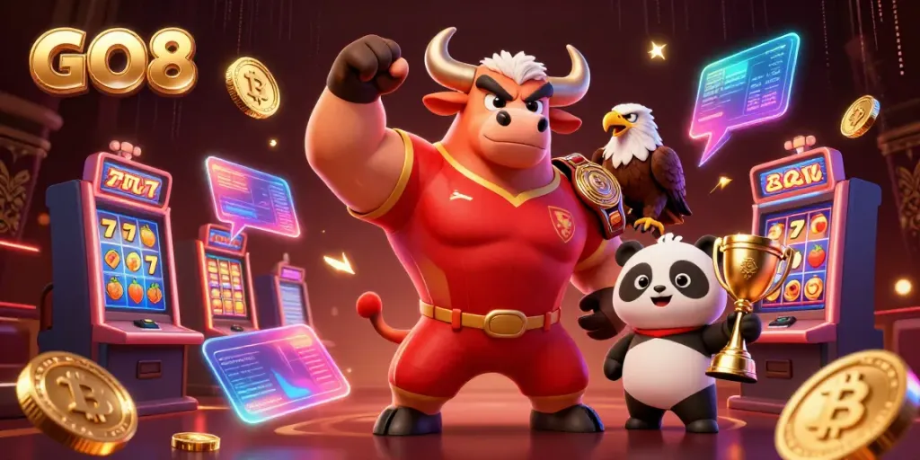 Victory celebration at GO8 casino with diverse characters and dynamic slot game elements