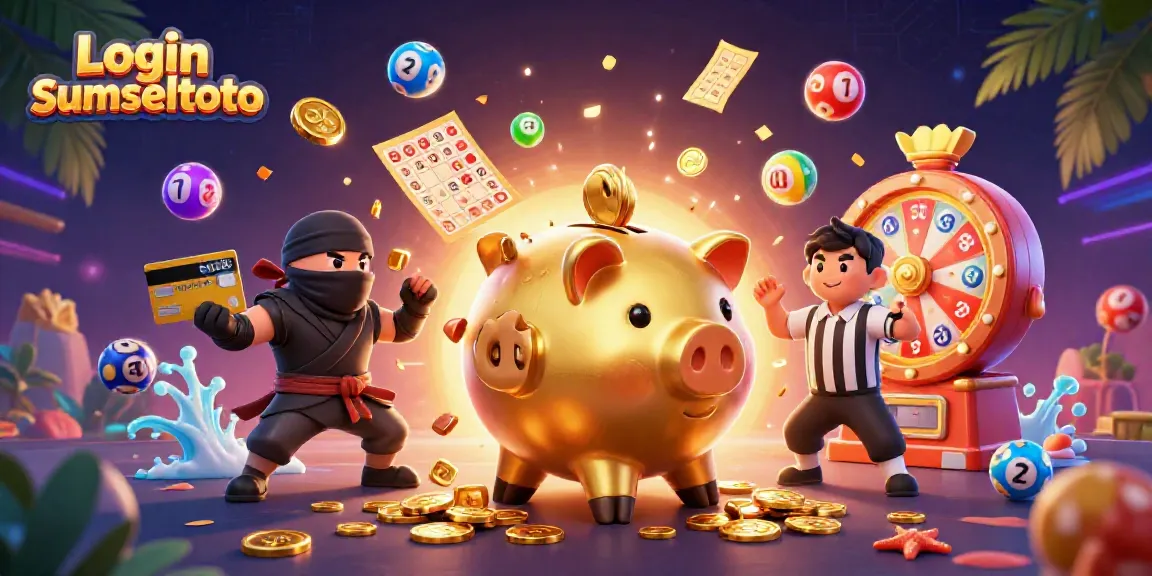 Engage with login sumseltoto through an exciting 3D casino illustration featuring dynamic gambling characters and vibrant lottery elements.