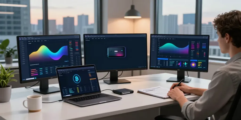 Legitimate bitcoin recovery expert monitoring cryptocurrency trends on triple monitor setup, showcasing secure blockchain analysis.