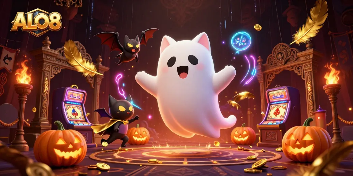 Experience thrilling gameplay at ALO8 with a ghost cat and vampire bat in a dazzling casino.