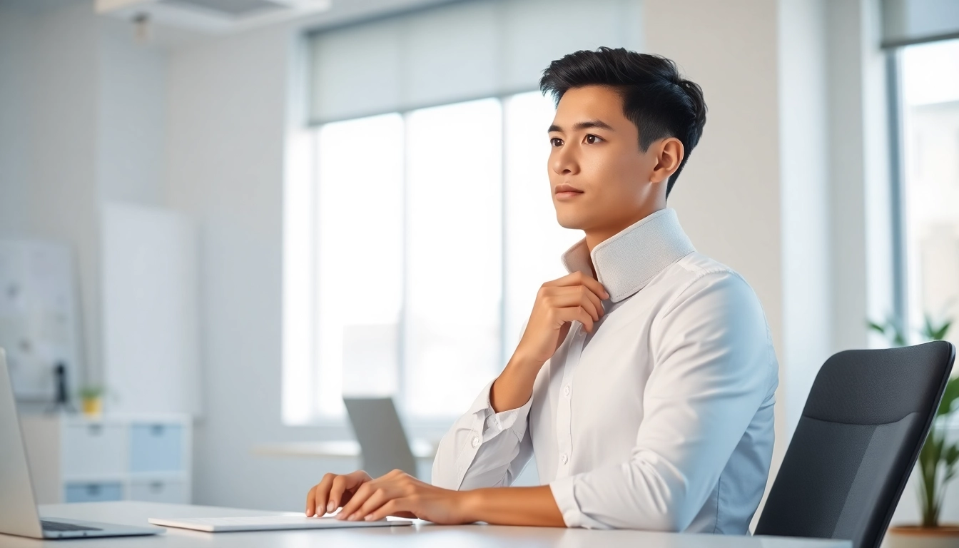 Adjusting a posture corrector in a bright office while maintaining good posture.