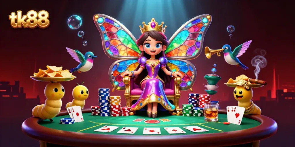 Engage in thrilling poker action at tk88 casino with vibrant characters and game elements.