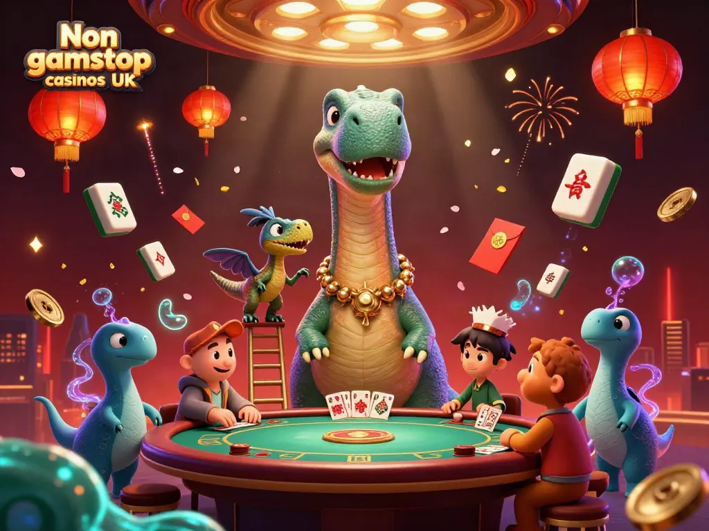 Engage with Non gamstop casinos UK in a vibrant 3D scene featuring a cartoon brontosaurus and raptor dealer.