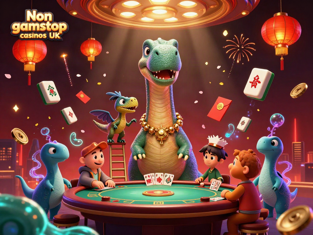 Engage with Non gamstop casinos UK in a vibrant 3D scene featuring a cartoon brontosaurus and raptor dealer.