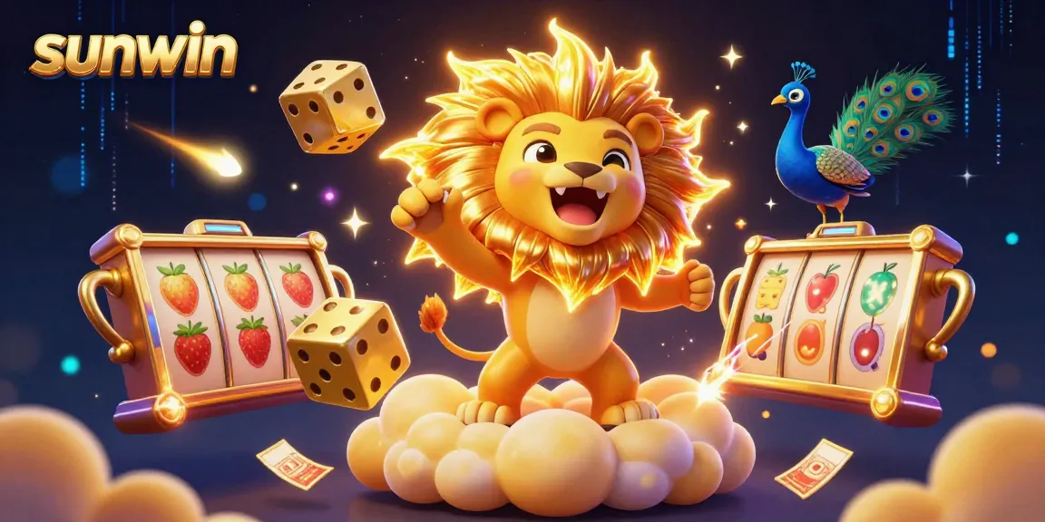 Experience thrilling gameplay at sunwin with a roaring sun lion, golden dice, and vibrant slot elements.