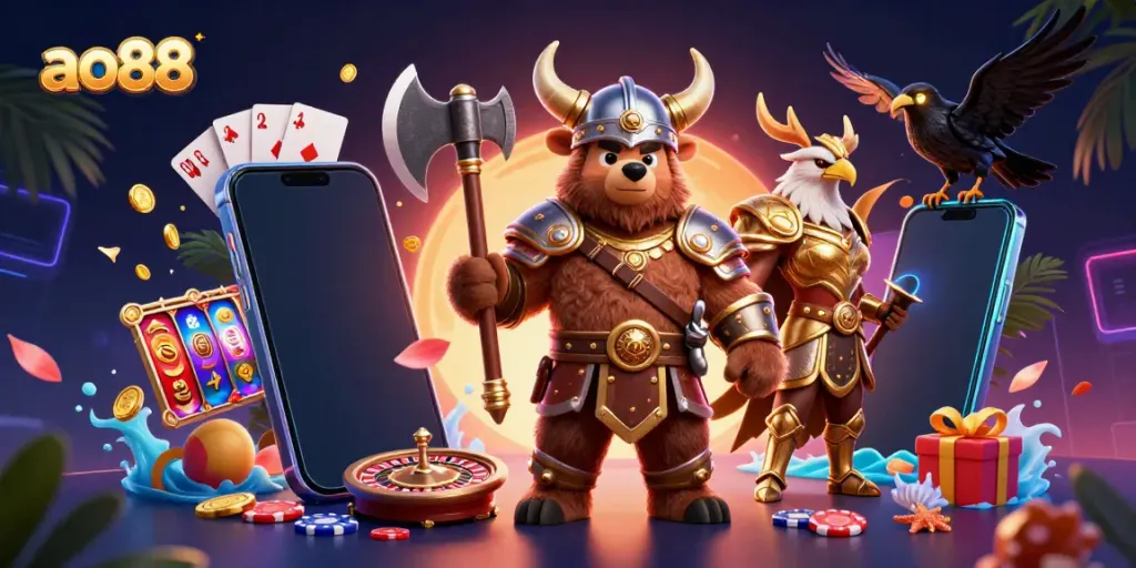Engage with ao88's vibrant casino scene featuring Viking and Valkyrie characters amidst dynamic gaming elements.