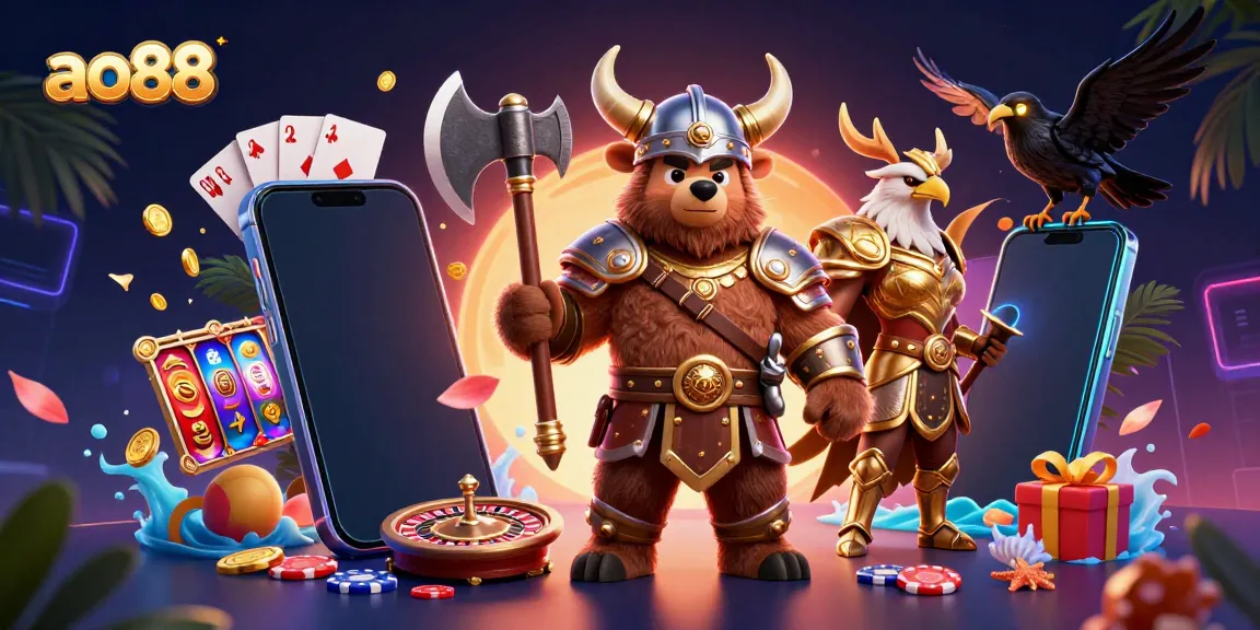 Engage with ao88's vibrant casino scene featuring Viking and Valkyrie characters amidst dynamic gaming elements.