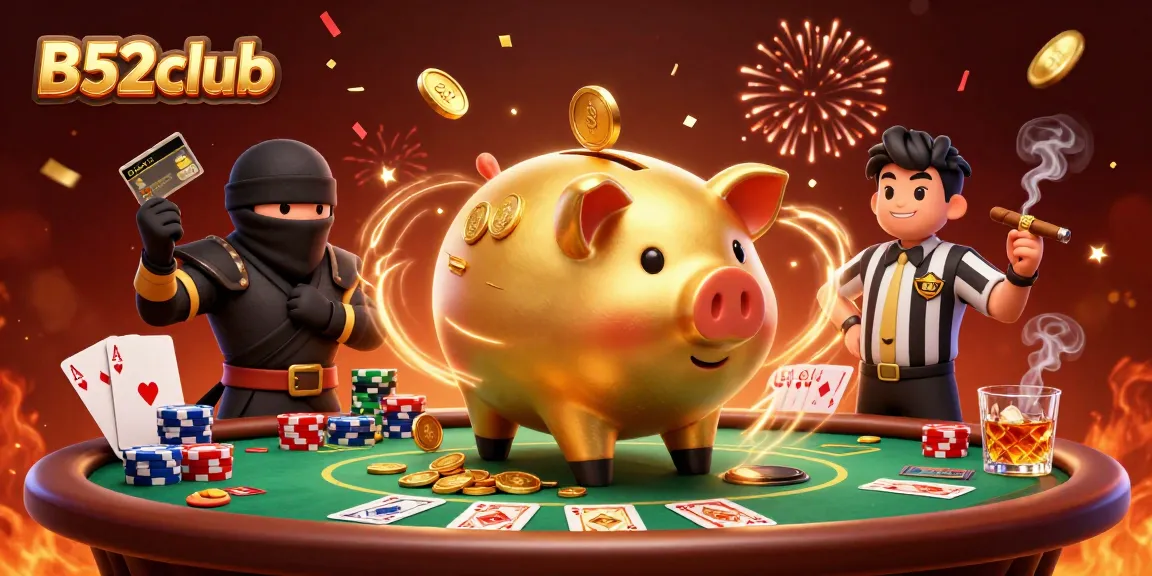 B52club showcases a vibrant scene with a golden piggy bank wrestler surrounded by poker elements