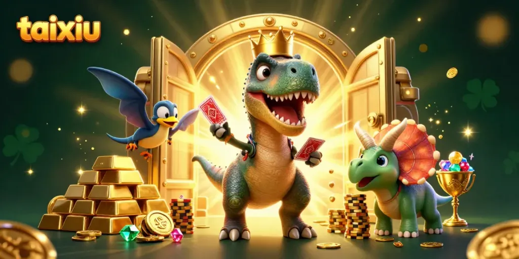 Experience taixiu excitement with a T-Rex and friends in a vibrant 3D casino scene.