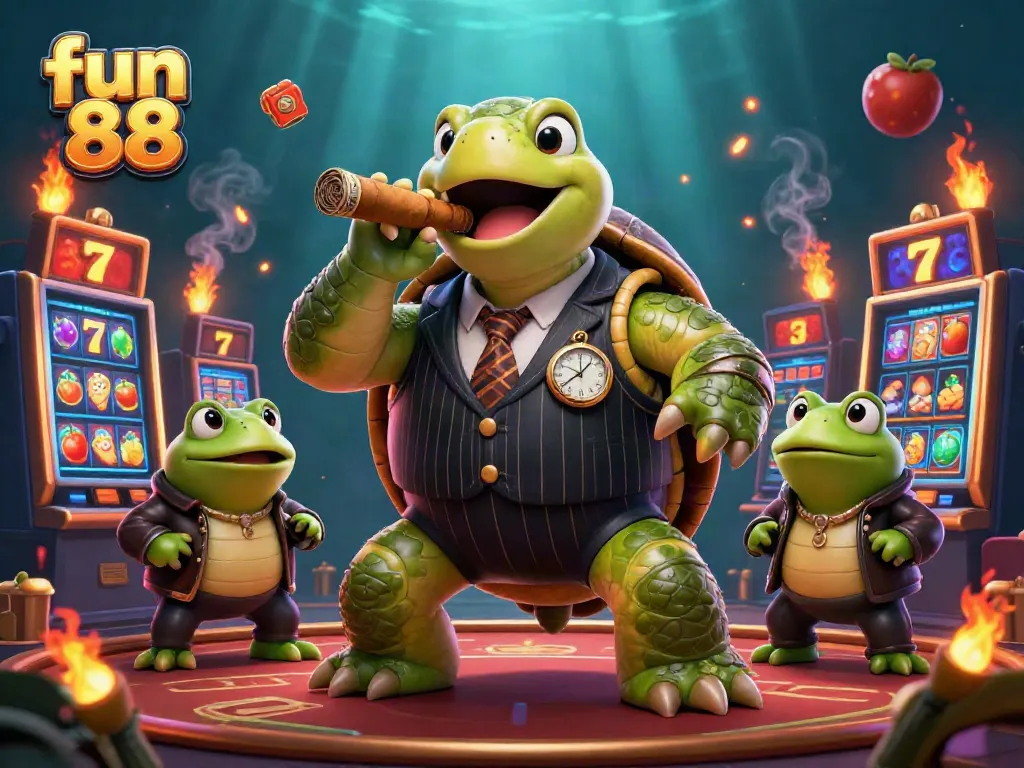 Experience the excitement of fun 88 with a cartoon turtle mobster and bullfrog enforcers amidst vibrant slot elements and glimmering details.