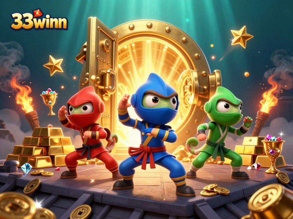 Experience thrilling action in the 33winn casino with ninja chameleons mastering their skills amidst dazzling treasures.