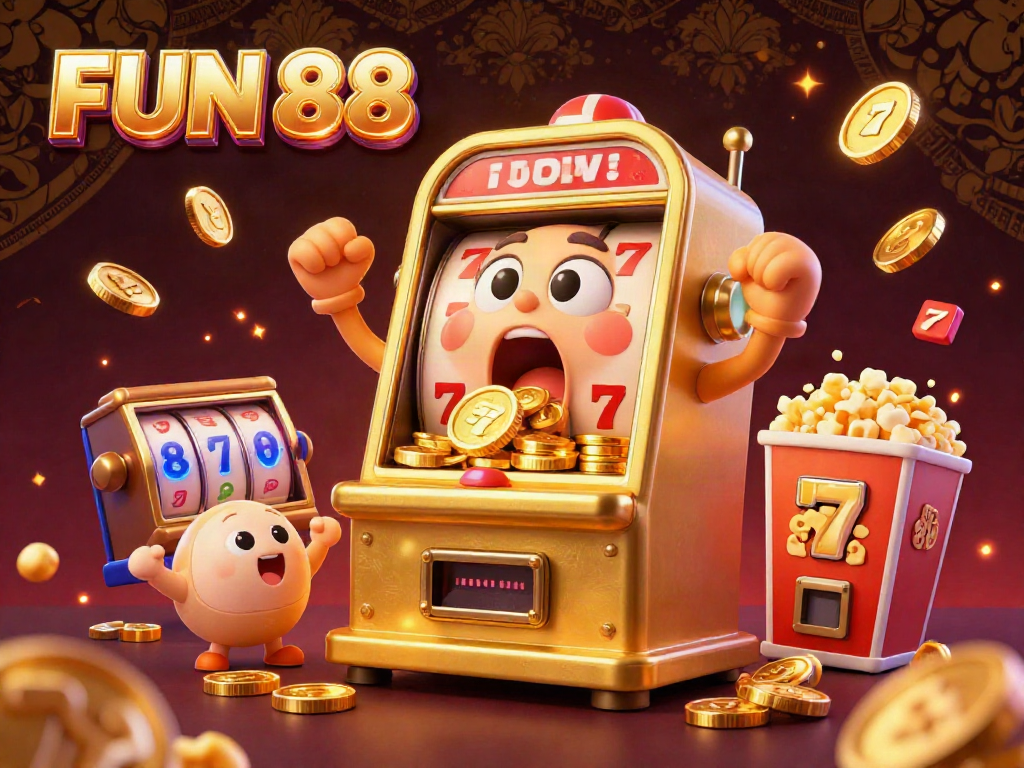 Celebrate winning with FUN 88's lively jackpot scene showcasing slot machines and coins.