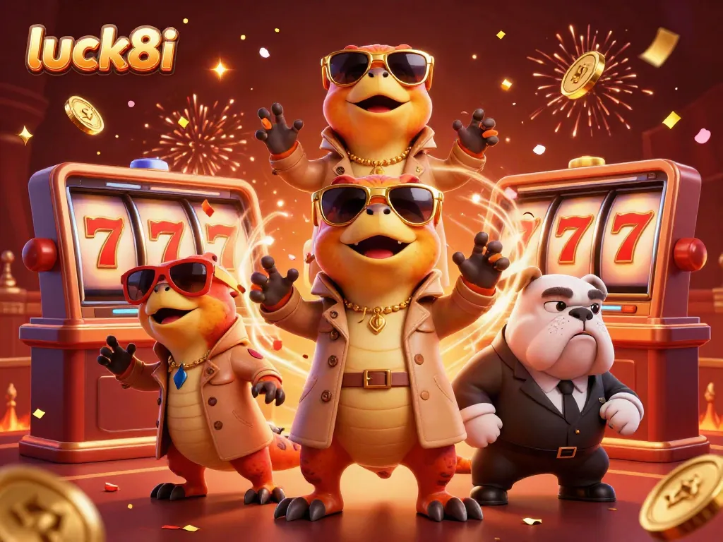 Join the fun at luck8i with three raptors in a trench coat entering a VIP casino lounge.