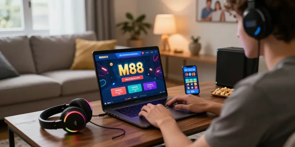 M88 Login alternatif user engaging in cozy online gaming environment with laptop and accessories.
