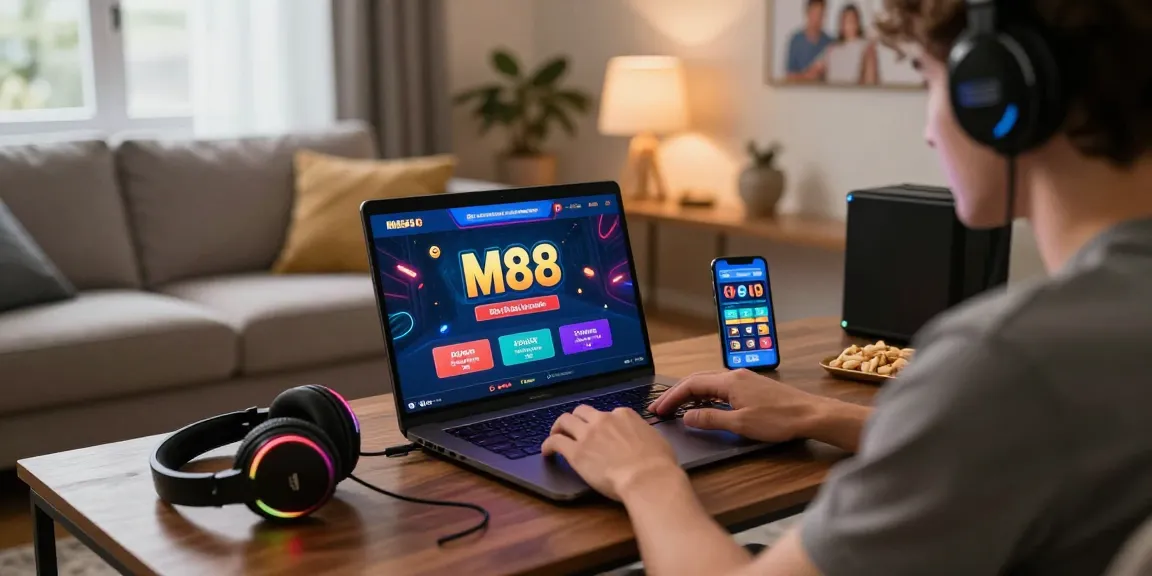 M88 Login alternatif user engaging in cozy online gaming environment with laptop and accessories.