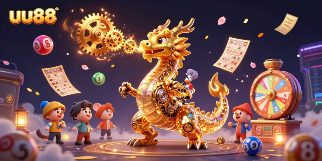Engage with uu88's vibrant online gaming scene featuring a golden dragon and dynamic lottery elements.
