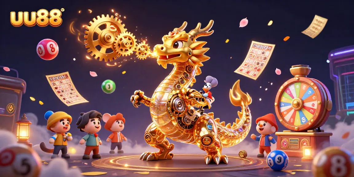 Engage with uu88's vibrant online gaming scene featuring a golden dragon and dynamic lottery elements.