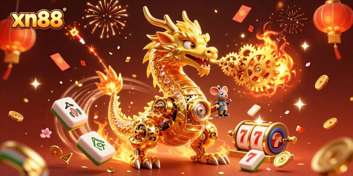 Engage with xn88's vibrant casino scene, featuring a golden dragon and festive elements.