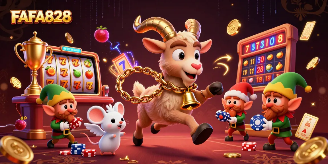 Engage with FAFA828: A festive casino scene with a busy Krampus goat, angel mouse, and elf gremlins amidst vibrant slot game elements.