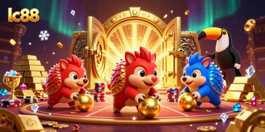 Experience fast-paced action with lc88 as cartoon pangolins dodge poker chips in a vibrant casino.