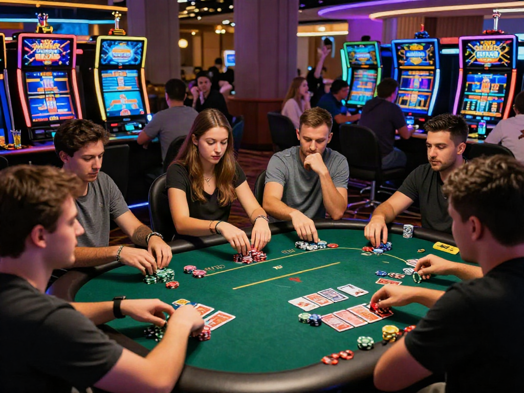 Online gaming at https://lu88.vote/ with friends enjoying vibrant casino games and lively atmosphere.