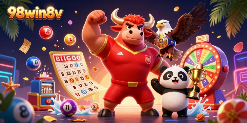 Experience the excitement of 98win8v with a dynamic scene of characters celebrating lottery wins.