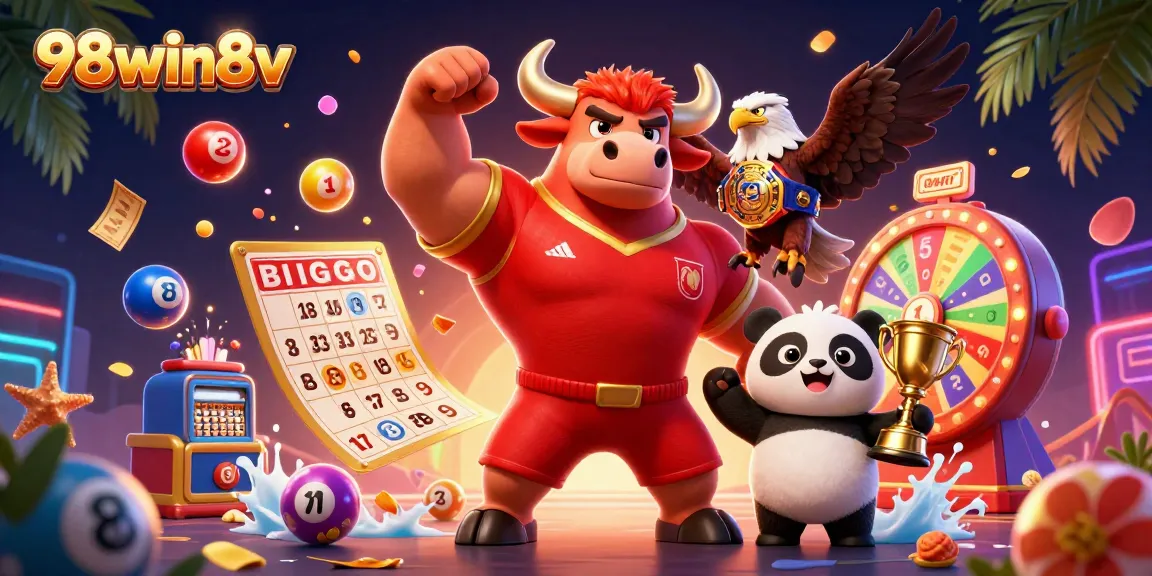Experience the excitement of 98win8v with a dynamic scene of characters celebrating lottery wins.