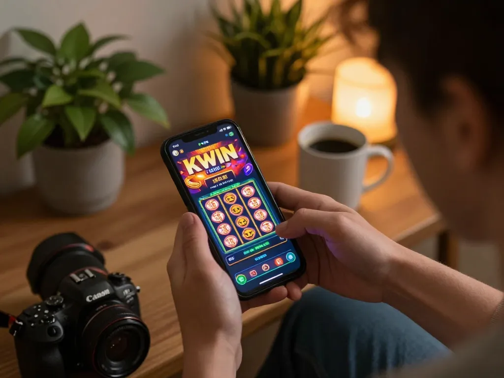 KWIN casino app gameplay on smartphone, showcasing vibrant slot visuals in a cozy home setting.