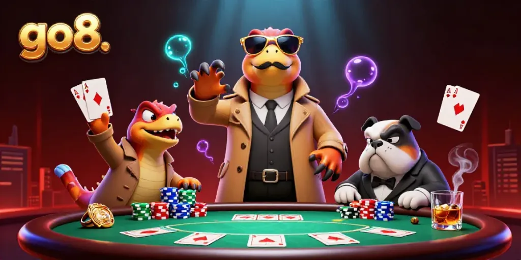 Join the action at go8. with three raptors in a trench coat trying to bluff their way into a VIP casino lounge.