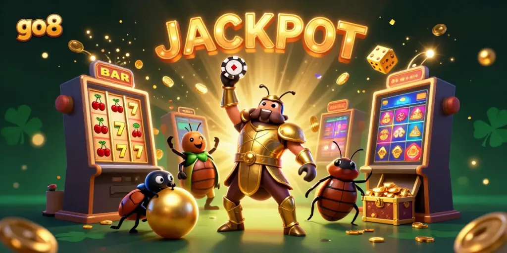 Experience the thrill of gambling with go8 as the golden hercules beetle celebrates a jackpot victory.