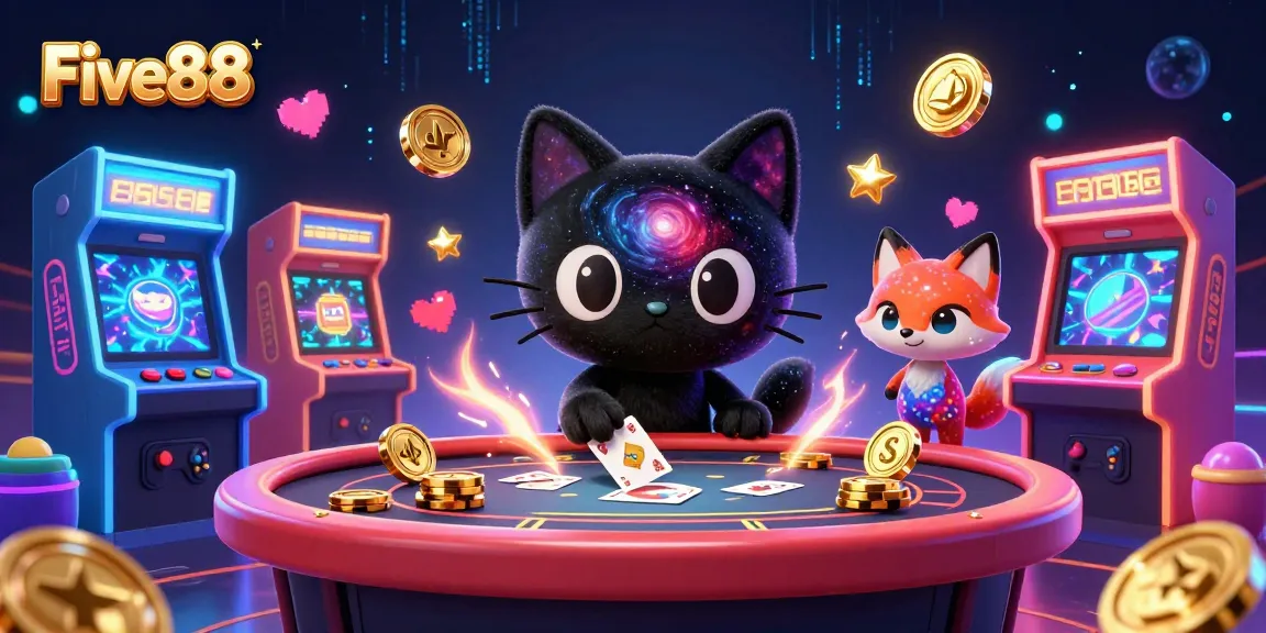 Five88 cat pulls in chips at a cosmic casino, showcasing vibrant gaming elements.
