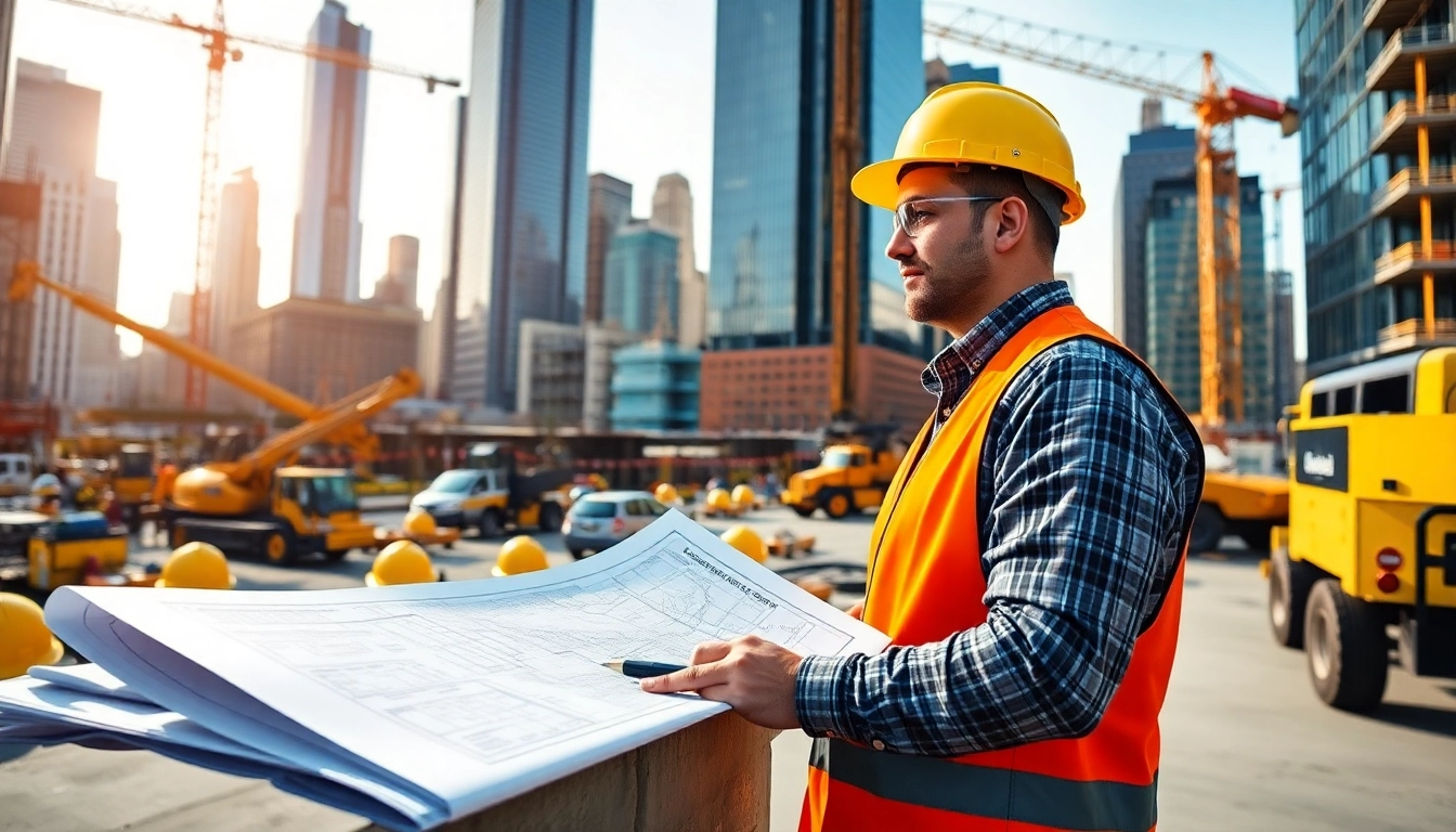 New York Construction Manager supervises an active construction site with skyscrapers in the background.